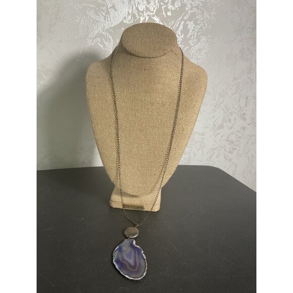 Natural Agate Pendant Necklace With Long Chain - Picture 1 of 3